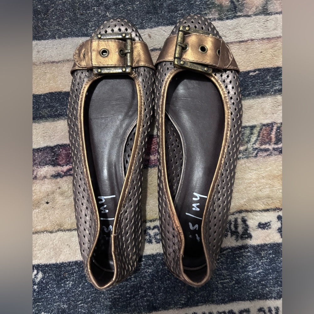 Seychelles Taupe Perforated Flats with Bronze Buckle